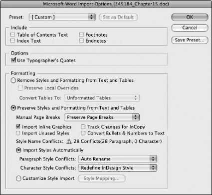 The Import Options dialog box displays the number of style conflicts.