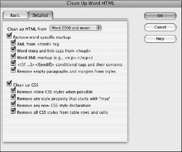 The Clean Up Word HTML dialog box lets you choose which custom markup tags to remove.