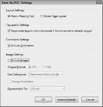 The Save As DOC Settings dialog box