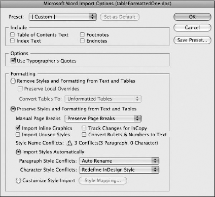 The Microsoft Word Import Options dialog box includes options for handling text formatting.
