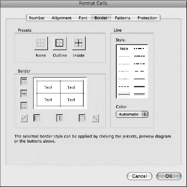 The Border tab of the Format Cells dialog box in Microsoft Excel is used to add visible cell borders to tables being copied and pasted into the various CS applications.