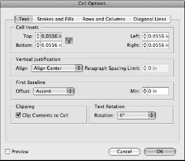 The Cell Options dialog box is divided into several different panels for controlling the cell's alignment, strokes and fills, and cell dimensions, as well as for adding diagonal lines.