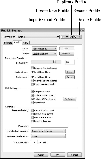 The Publish Settings dialog box lets you set the publishing options.