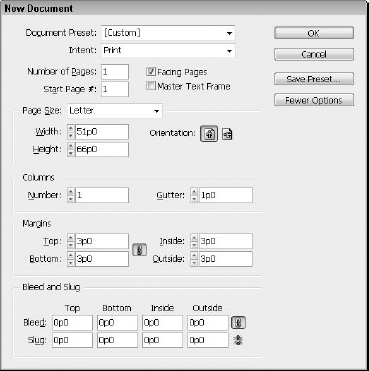 The New Document dialog box includes settings for initial layout.