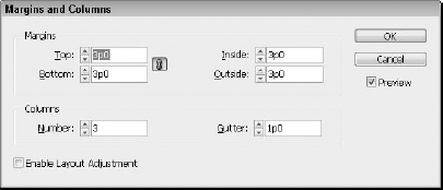 The Margins and Columns dialog box changes only the current page or spread.