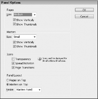 The Panel Options dialog box changes the icon size and placement within the Pages palette.