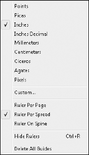 Right-clicking on a ruler presents a pop-up menu of measurement units.