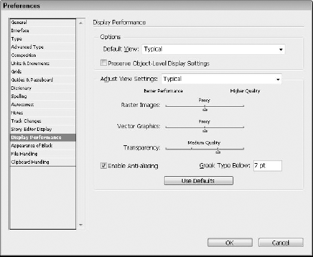 The Display Performance panel of the Preferences dialog box