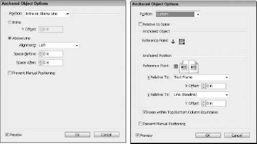 The Anchored Object Options dialog box includes different settings for setting the object's position.