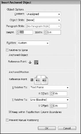 The Insert Anchored Object dialog box creates text or graphic anchored objects.