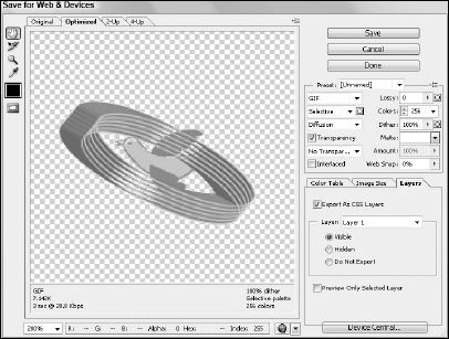 The Layers panel in the Save for Web & Devices dialog box