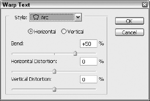 The Warp Text dialog box allows you to warp text objects in Photoshop the same way as text in Illustrator.