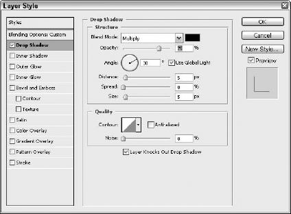 Each of the layer effects has its own panel in the Layer Style dialog box.