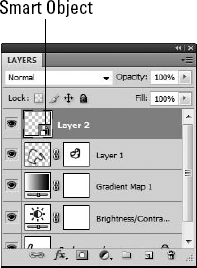 Smart Objects are identified by a small icon in the lower right of the thumbnail. Smart Object