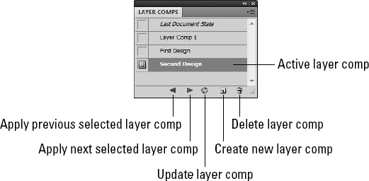 The Layer Comps palette holds snapshots of the visible layers.