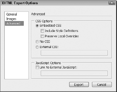 The Advanced panel of the XHTML Export Options dialog box lets you create a link to an external CSS or JavaScript file.