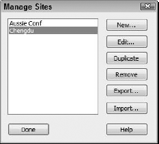 The Manage Sites dialog box has all the site settings.