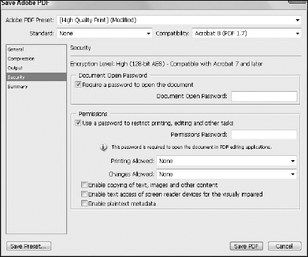 Apply security settings in the Save Adobe PDF dialog box.