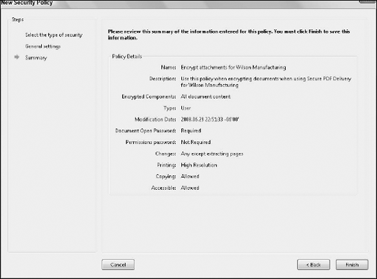 Review the Summary, and click Finish if the settings accurately describe the policy choices you made.