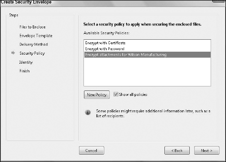 Choose a security policy, and click Next to move to the last pane.
