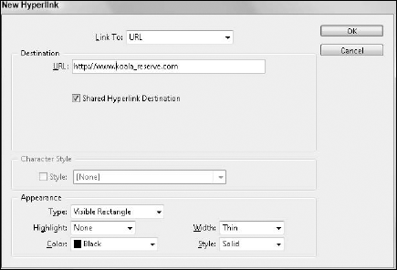 The New Hyperlink dialog box lets you specify link properties.