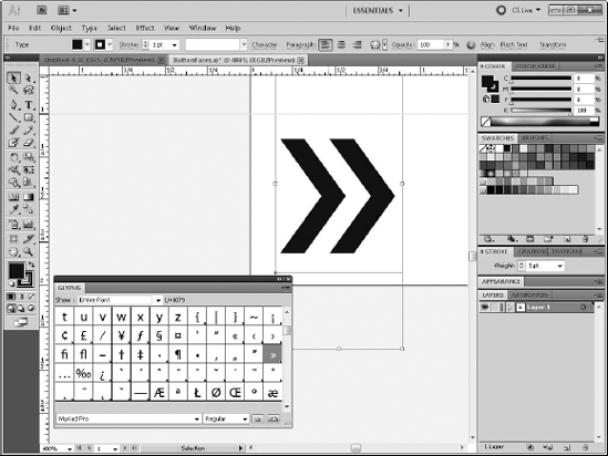 Click the document page, and double-click the character you want to use in the Glyphs palette.