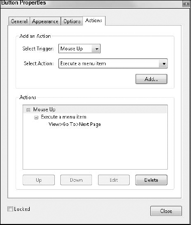 Actions added in the Button Properties are shown in the Actions window.