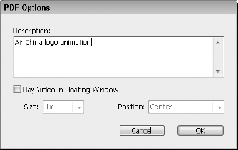 The PDF Options dialog box lets you enter a description for the exported media file.