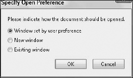 Select Existing window in the Specify Open Preference dialog box.