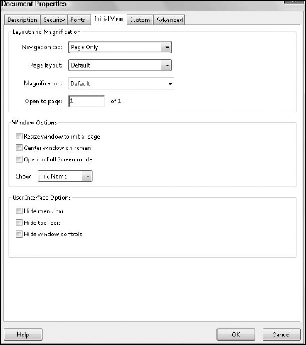 Adjust settings for the initial view that will appear each time the document opens.