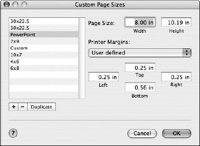 In the Custom Page Sizes dialog box, set the width to 8 inches and the height to 10.19 inches.