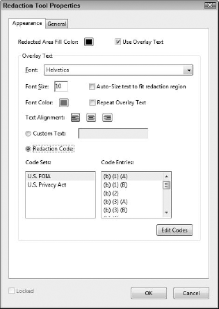 Click the Redaction Properties tool, and the Redaction Properties dialog box opens.