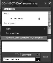 Click a name in the Attendee pod, and a pop-up menu provides options for changing the role of the participant.