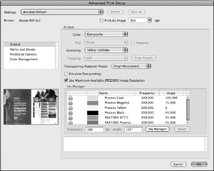 The Advanced Print Setup dialog box has commercial printing options.