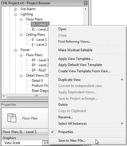 Context menu for a view selected in the Project Browser