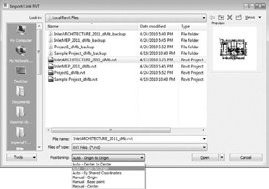 Positioning options for linked Revit files