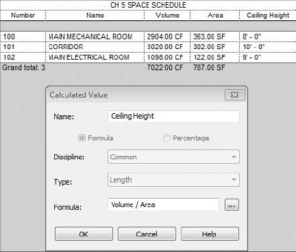 Space schedule with a calculated value for ceiling height