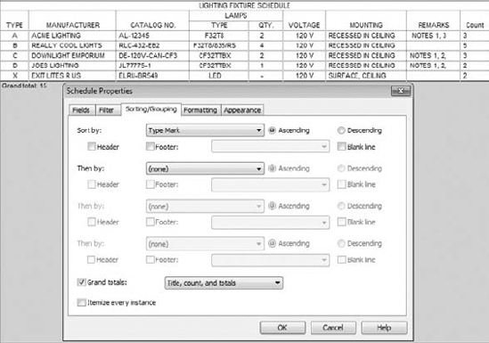 Lighting fixture schedule sorted and grouped by type