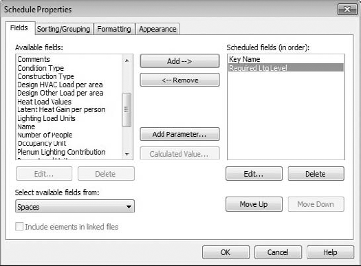 Space schedule key Fields tab