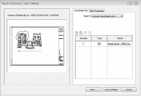 Export CAD Formats – Views/Settings dialog box