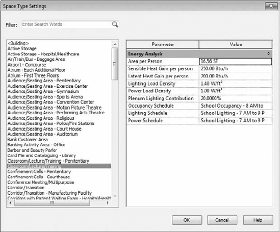 Space Type Settings window