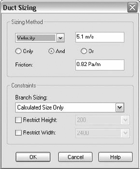 Duct Sizing dialog box