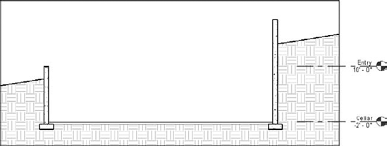 This section view illustrates how the building pad adjusts the extents of the topographic surface.