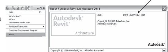 Click the Help button flyout and select About to find the build of your Revit software.