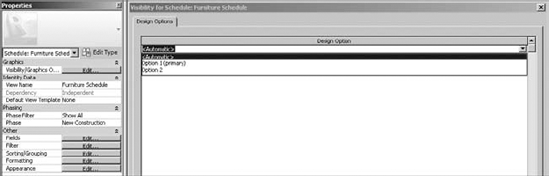 Design Options in the View Properties of a schedule