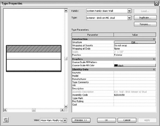 The Type Properties dialog box for a wall