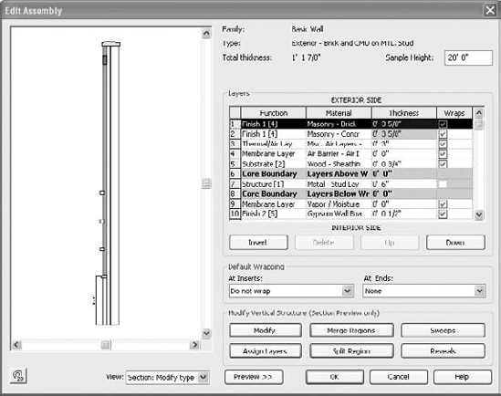 With section view active, tools for modifying the vertical structure become active.