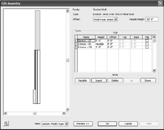 The Edit Assembly dialog box for stacked walls