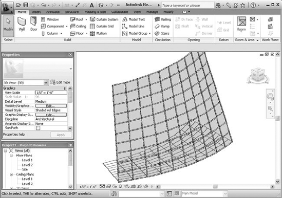 A conceptual curtain wall is loaded into a project and placed using Place Mass.