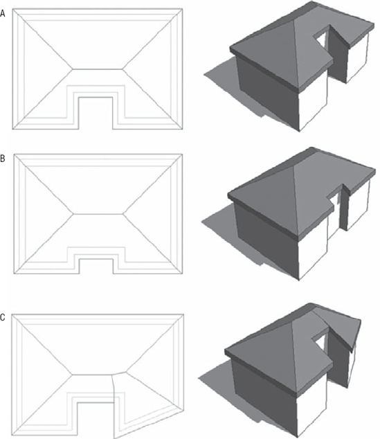 Using the Pick method: (A) original roof; (B) the entrance wall position has changed, and the roof updates automatically; (C) the angle of the wall to the right of the entrance has changed, and the roof changes to a new shape.